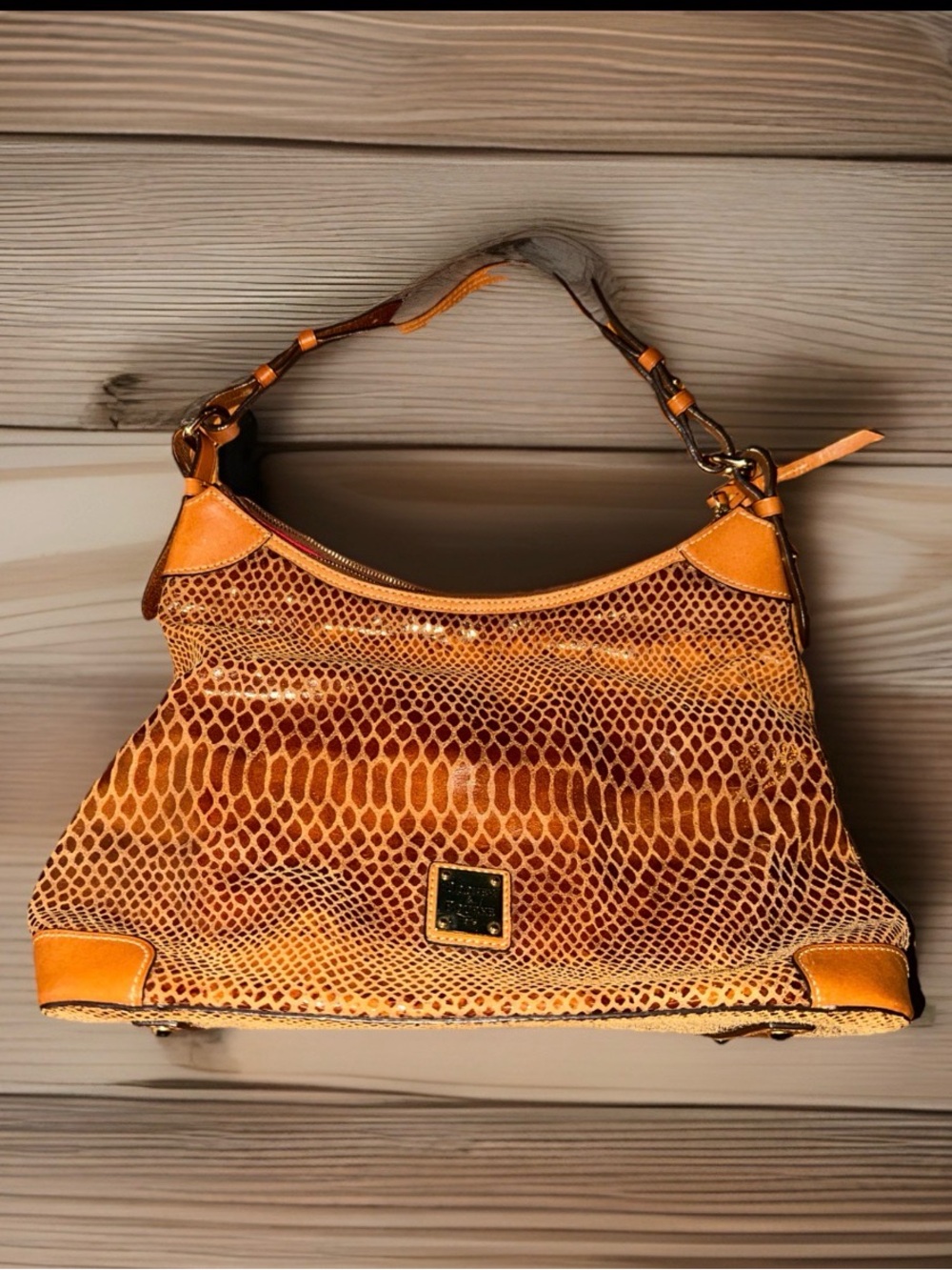 Dooney & Bourke Erica Snakeskin Emb Leather Hobo Shoulder Bag Beige/Brown/Cognac